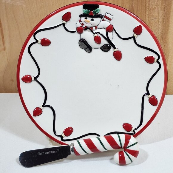 Fitz and Floyd Cheers Snowman Cheese Snack Plate & Candy Cane Spreader Christmas - Picture 1 of 7
